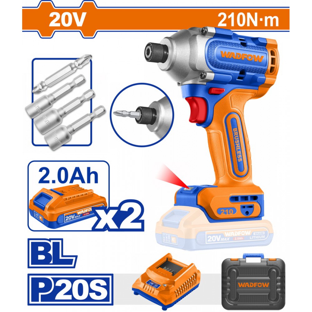 WADFOW ΠΑΛΜΙΚΟ ΚΑΤΣΑΒΙΔΙ ΜΠΑΤ. Li-ion 20V / 210Nm / 2Ah / 2 ΜΠΑΤ BL Motor (WCD2B21E)