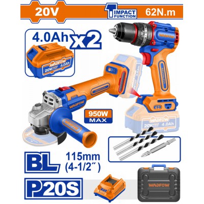 WADFOW ΣΕΤ ΔΡΑΠ/ΒΙΔΟ ΚΡΟΥΣΤΙΚΟ + ΓΩΝΙΑΚΟΣ ΤΡΟΧΟΣ ΜΠΑΤ. Li-ion 20V / 4Ah / 2 ΜΠΑΤ (WCK20273E)