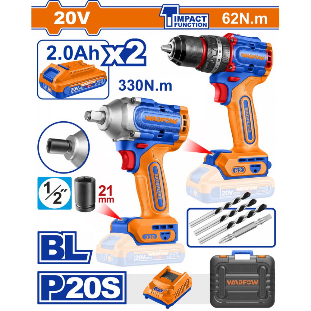 WADFOW ΣΕΤ ΔΡΑΠ/ΒΙΔΟ ΚΡΟΥΣΤΙΚΟ + ΜΠΟΥΛΟΝΟΚΛΕΙΔΟ ΜΠΑΤ. Li-ion 20V / 2Ah / 2 ΜΠΑΤ (WCK20275E)
