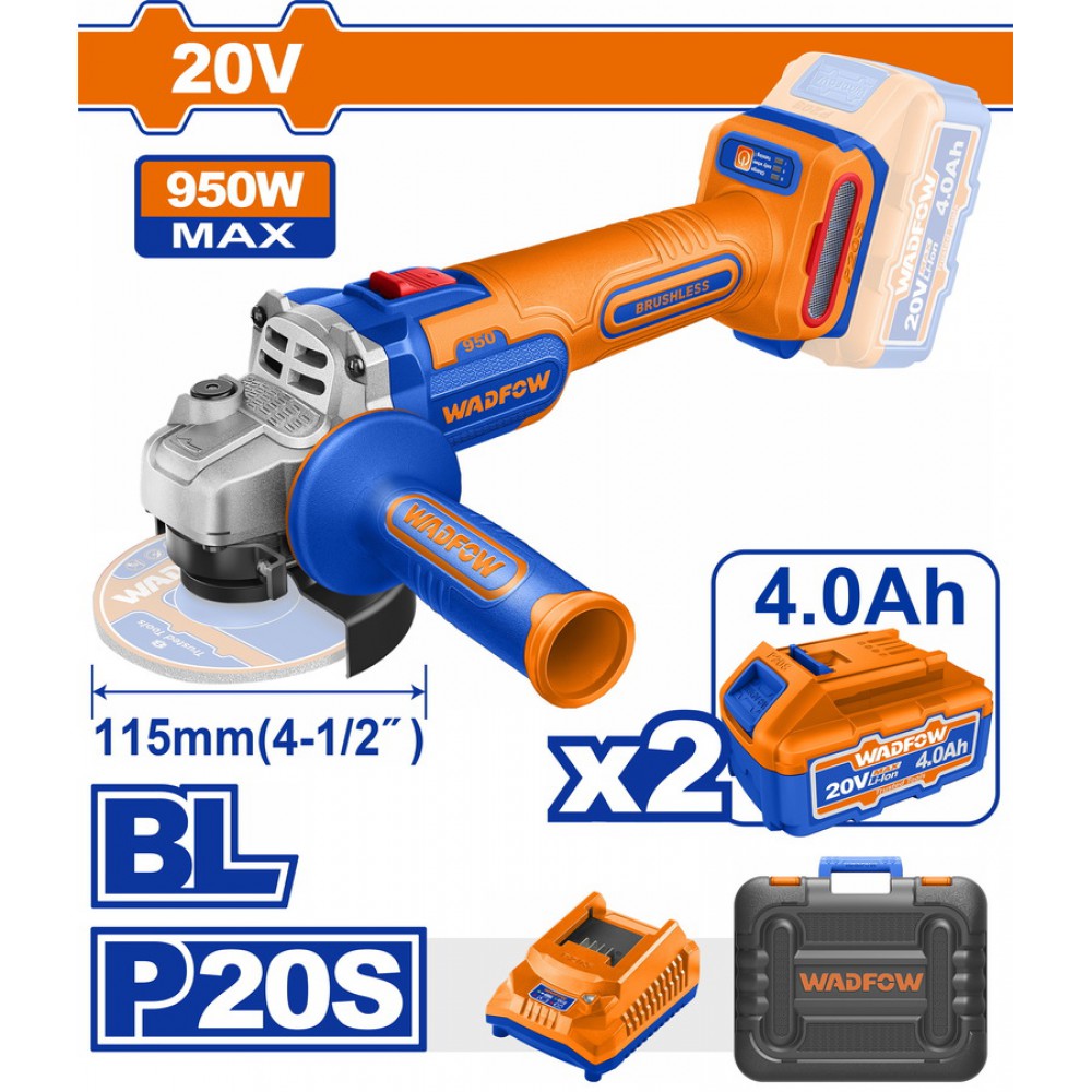 WADFOW ΣΕΤ ΓΩΝΙΑΚΟΣ ΤΡΟΧΟΣ 115mm ΜΠΑΤ. Li-ion 20V / 950W / 4Ah / 2 ΜΠΑΤ BL Motor (WLAP5322E)