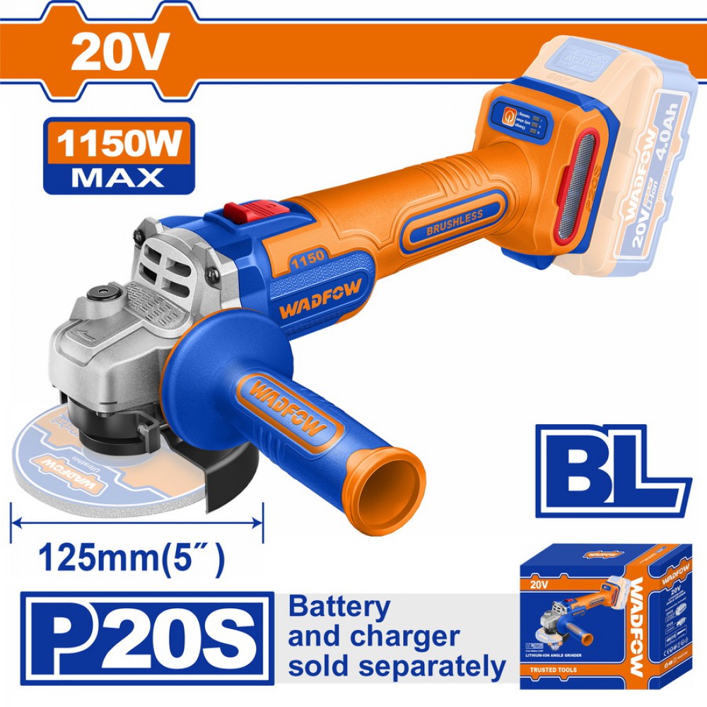 WADFOW ΓΩΝΙΑΚΟΣ ΤΡΟΧΟΣ 125mm ΜΠΑΤ. Li-ion 20V ΧΩΡΙΣ ΜΠΑΤΑΡΙΑ & ΦΟΡΤΙΣΤΗ (WLAPB530)