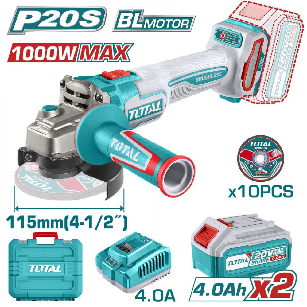 TOTAL ΕΠΑΓΓ. ΣΕΤ ΓΩΝΙΑΚΟΣ ΤΡΟΧΟΣ 115mm ΜΠΑΤ. Li-ion 20V / 4Ah / 2 ΜΠΑΤ (TAGLI271532E)