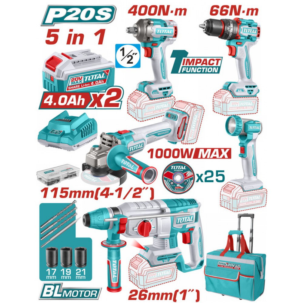 TOTAL ΕΠΑΓΓ. ΣΕΤ 5τεμ ΕΡΓΑΛΕΙΩΝ ΜΠΑΤ. Li-ion 20V / 4Ah / 2 ΜΠΑΤΑΡΙΕΣ (TCKLI20592E)