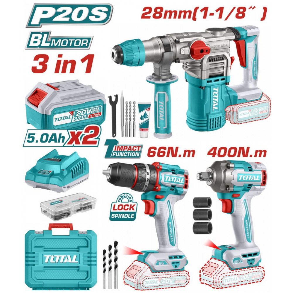 TOTAL ΕΠΑΓΓ. ΣΕΤ ΔΡΑΠ/ΒΙΔΟ ΚΡΟΥΣΤ.+ΠΝΕΥΜΑΤΙΚΟ ΠΙΣΤ.+ ΜΠΟΥΛΟΝΟΚΛΕΙΔΟ ΜΠΑΤ. Li-ion 20V (TCKLI20638E)