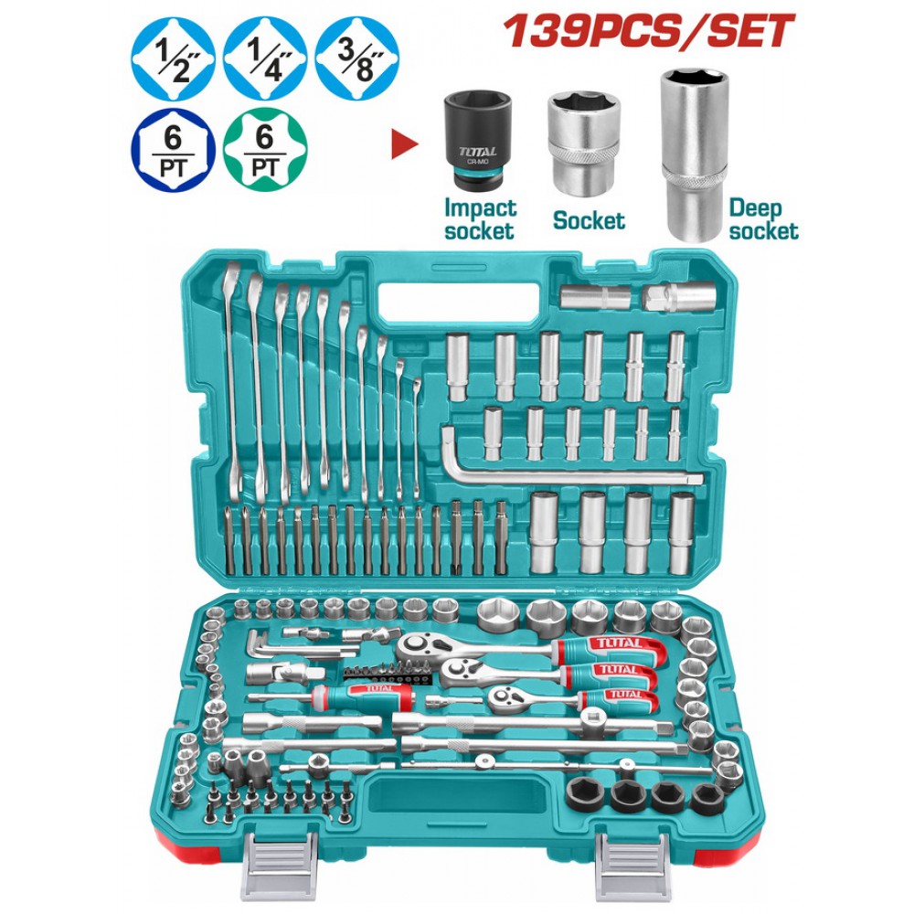 TOTAL ΕΠΑΓΓ. ΚΑΣΕΤΙΝΑ ΚΑΡΥΔΑΚΙΑ 1/4"-3/8"-1/2" & ΕΡΓΑΛΕΙΑ ΧΕΙΡΟΣ 139ΤΕΜ (THKTHP21396)