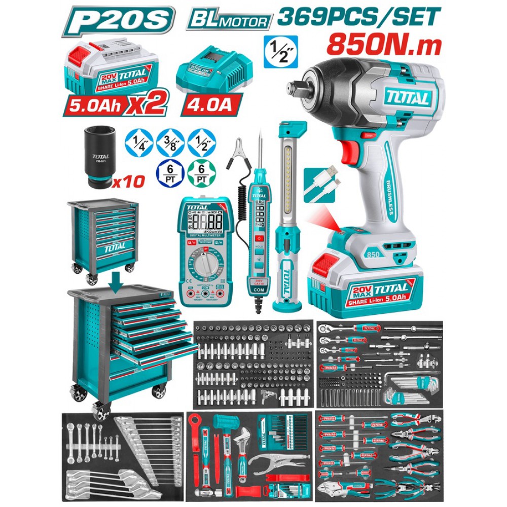 TOTAL ΕΠΑΓΓ. ΕΡΓΑΛΕΙΟΦΟΡΟΣ ΜΕ ΜΠΟΥΛΟΝΟΚΛΕΙΔΟ 850Nm & 369ΤΕΜ ΕΡΓΑΛΕΙΑ (THPTCS83692)