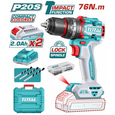 TOTAL ΕΠΑΓΓ. ΔΡΑΠ/ΒΙΔΟ ΚΡΟΥΣΤΙΚΟ ΜΠΑΤ. Li-ion 20V / 2Ah / 76Nm / 2 ΜΠΑΤ BL Motor (TIDLI20768E)