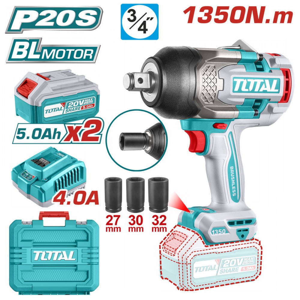 TOTAL ΕΠΑΓΓ. ΜΠΟΥΛΟΝΟΚΛΕΙΔΟ ΜΠΑΤ. Li-ion 20V / 1350Nm / 5Ah / 2 ΜΠΑΤ (TIWLI20135)