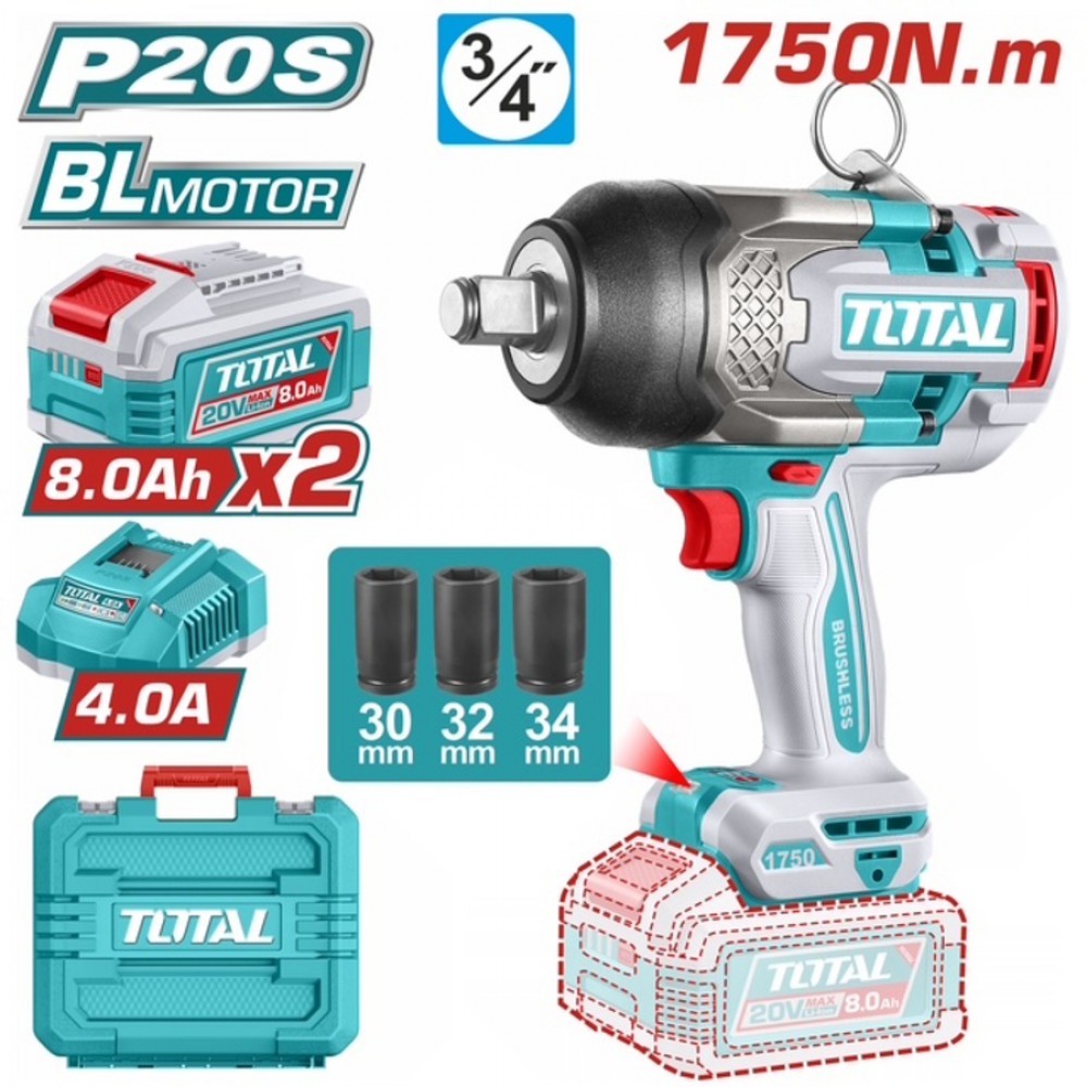 TOTAL ΕΠΑΓΓ. ΜΠΟΥΛΟΝΟΚΛΕΙΔΟ ΜΠΑΤ. Li-ion 20V / 1750Nm / 8Ah / 2 ΜΠΑΤ (TIWLI20175E)