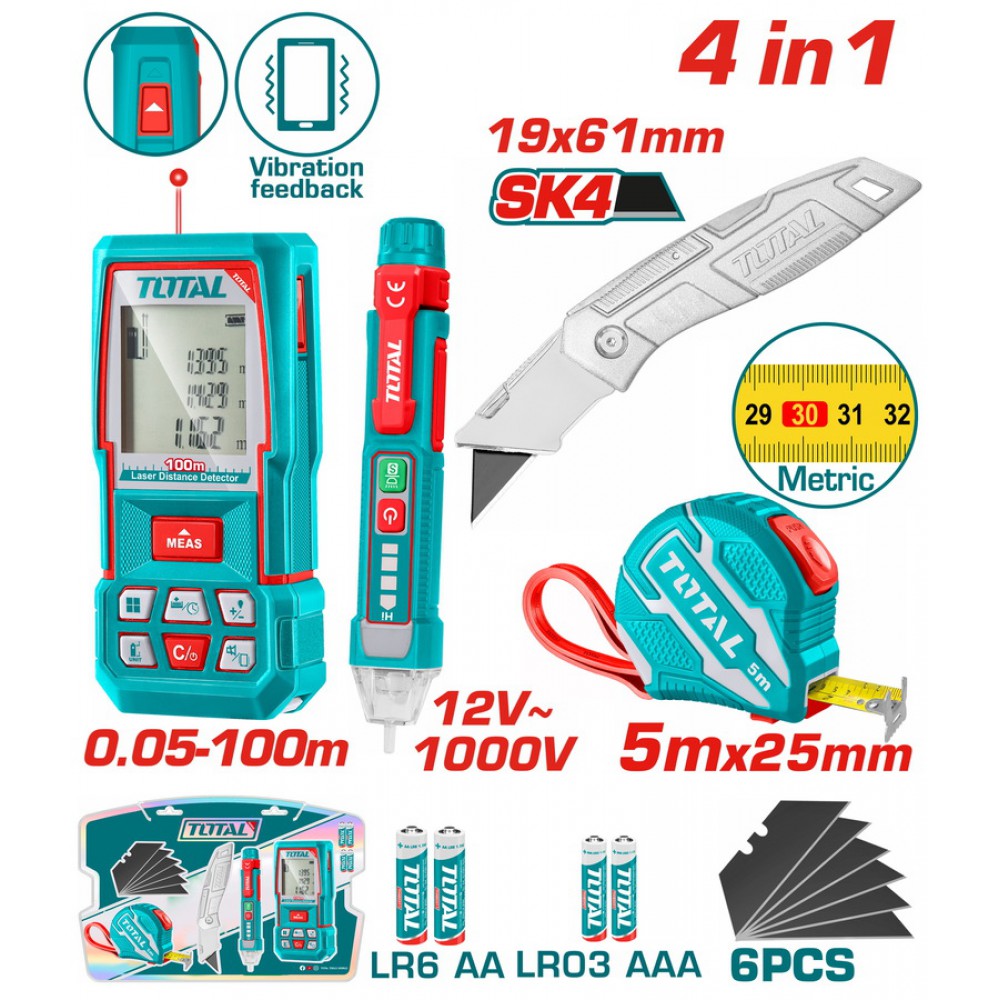 TOTAL ΕΠΑΓΓ.  ΣΕΤ ΜΕΤΡΗΤΗΣ ΑΠΟΣΤ. LASER 100m 4 σε 1 (TOS250701M)