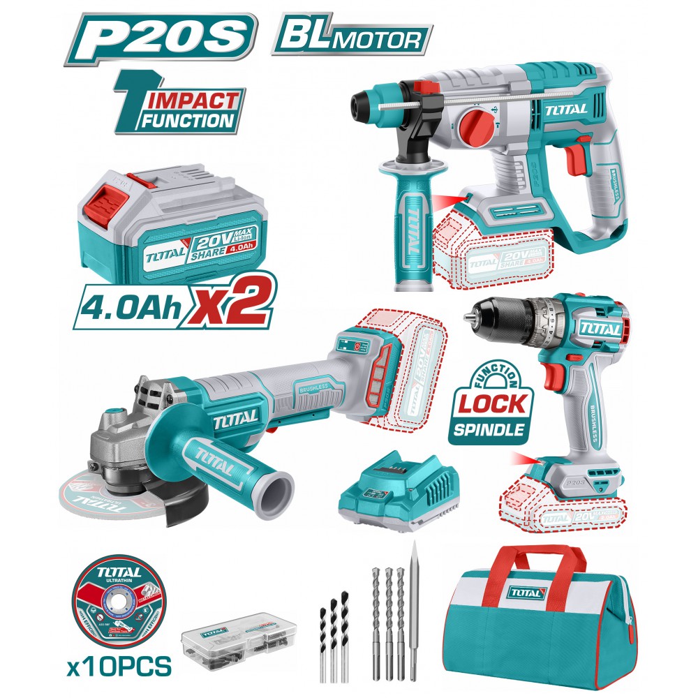 TOTAL ΕΠΑΓΓ. ΣΕΤ ΠΝΕΥΜΑΤΙΚΟ ΠΙΣΤΟΛΕΤΟ + ΔΡΑΠ/ΒΙΔΟ ΚΡΟΥΣΤ. + ΓΩΝΙΑΚΟΣ ΤΡΟΧΟΣ ΜΠΑΤ. Li-ion 20V / 4Ah / 2 ΜΠΑΤ (TOSLI240202)