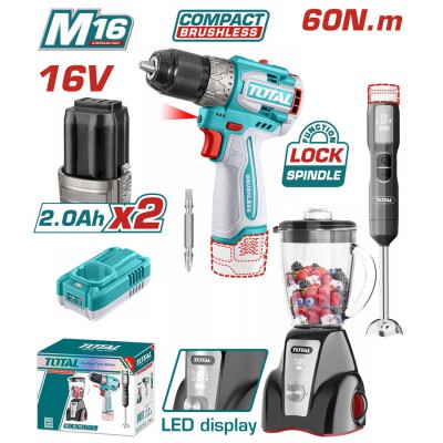 TOTAL ΣΕΤ ΔΡΑΠΑΝΟΚΑΤΣΑΒΙΔΟ 60Nm + BLENDER ΧΕΙΡΟΣ + BLENDER ΒΑΣΗΣ ΜΠΑΤ. Li-ion 16V / 2Ah / 2 ΜΠΑΤ (TOSLI240868E)