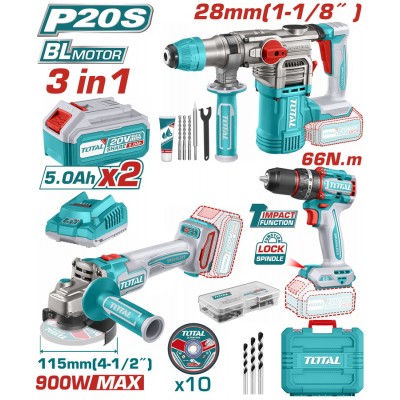 TOTAL ΕΠΑΓΓ. ΣΕΤ ΠΝΕΥΜΑΤΙΚΟ ΠΙΣΤΟΛΕΤΟ + ΓΩΝΙΑΚΟΣ ΤΡΟΧΟΣ + ΔΡΑΠ/BIΔΟ ΚΡΟΥΣΤ 66Nm ΜΠΑΤ Li-ion 20V / 5Ah / 2 ΜΠΑΤ (TOSLI241183E)