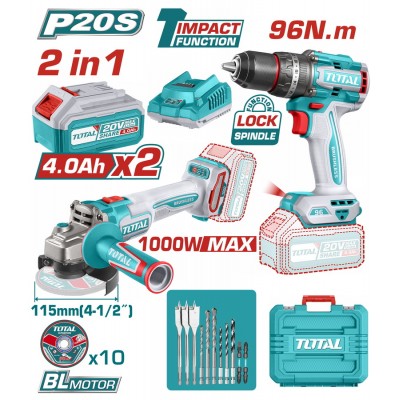 TOTAL ΕΠΑΓΓ. ΣΕΤ ΔΡΑΠ/ΒΙΔΟ ΚΡΟΥΣΤ. 96Nm + ΓΩΝΙΑΚΟΣ ΤΡΟΧΟΣ 115mm ΜΠΑΤ. Li-ion 20V (TOSLI241298E)