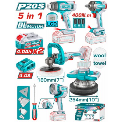 TOTAL ΕΠΑΓΓ. ΣΕΤ 5τεμ ΕΡΓΑΛΕΙΩΝ ΜΠΑΤ. Li-ion 20V / 4Ah / 2 ΜΠΑΤΑΡΙΕΣ BL Motor (TOSLI250592E)