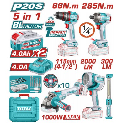 TOTAL ΕΠΑΓΓ. ΣΕΤ 5τεμ ΕΡΓΑΛΕΙΩΝ ΜΠΑΤ. Li-ion 20V / 4Ah / 2 ΜΠΑΤΑΡΙΕΣ (TOSLI250692E)