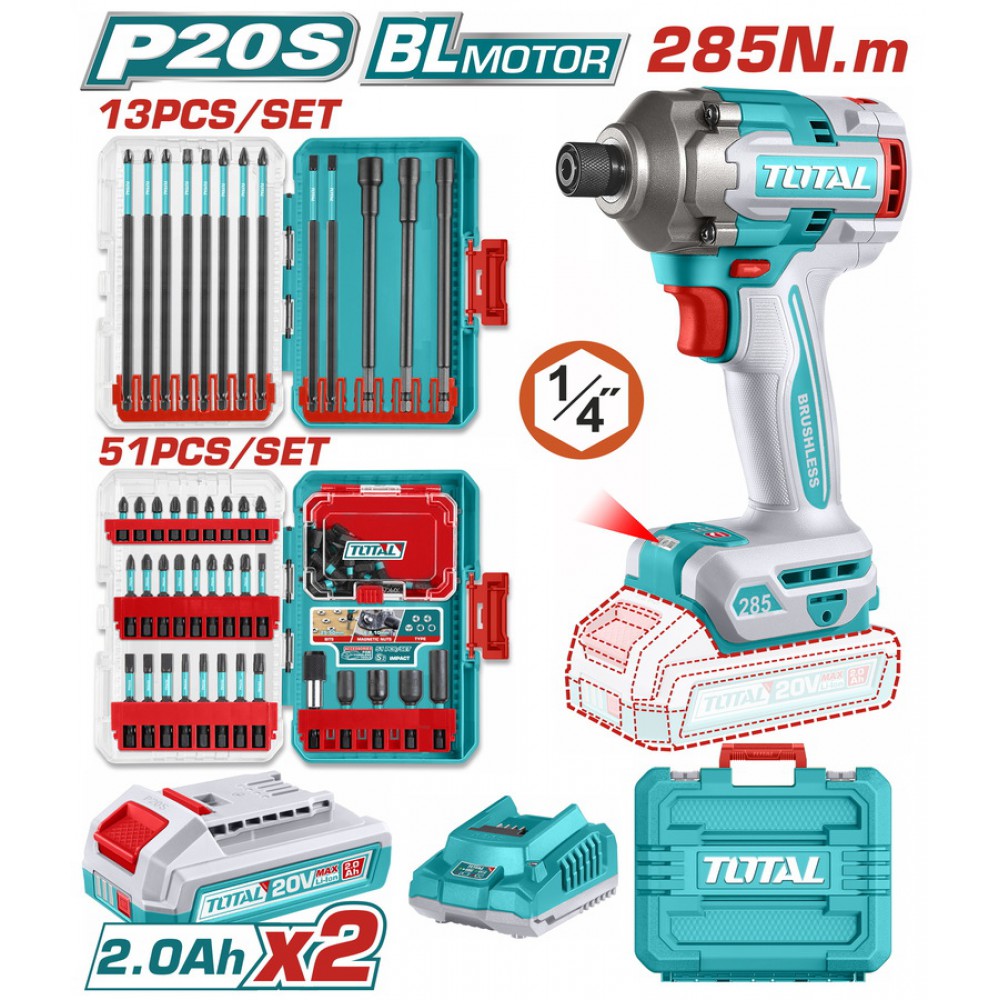 TOTAL ΕΠΑΓΓ. ΣΕΤ ΠΑΛΜΙΚΟ ΚΑΤΣΑΒΙΔΙ ΜΠΑΤ. Li-ion 20V / 2Ah / 285Nm / 2 ΜΠΑΤΑΡΙΕΣ (TOSLI250784E)